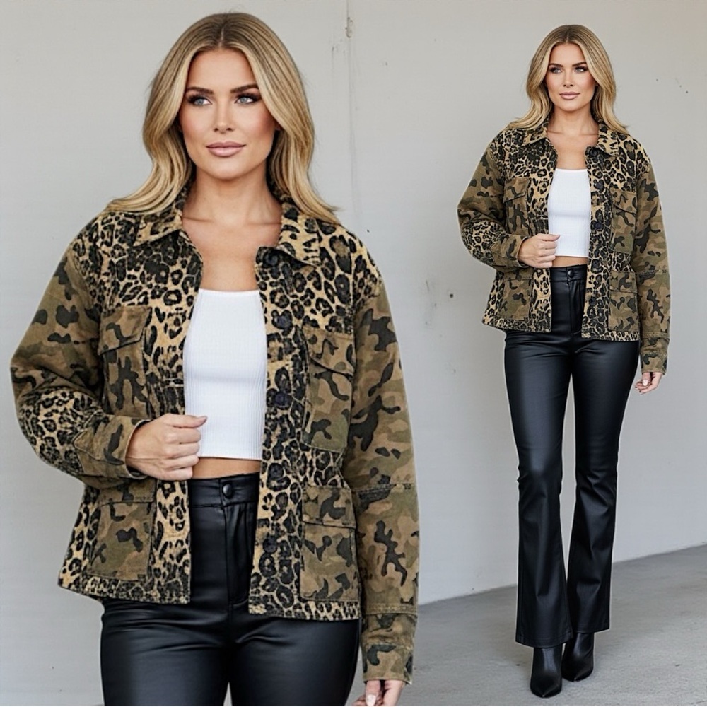 New ORIGINAL BiBi Finch Camo Leopard Mixed Media Shacket Jacket Women’s Small